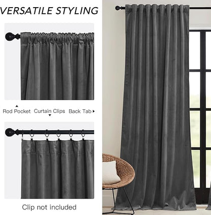 RYB HOME Grey Velvet Curtains 90 inches - Super Soft Blackout Curtains Thermal Insulated Drapes Heat Block Room Darkening Panels for Bedroom/Studio, Wide 52 x Long 90, Grey, 2 Panels
