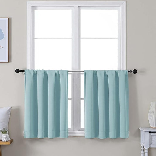 Simplebrand Ava Aqua Short 24 Inches Blackout Curtain 2 Panels Set, Half Window Rod Pocket Privacy Curtain Tiers for Kitchen, Curtains Blackout for Bathroom Shades, W30 x L24 Inch, Aqua