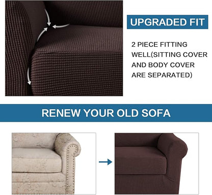 H.VERSAILTEX 2-Pieces Chair Cover Slipcover Furniture Protector Armchair Cover Couch Covers Fit Chair Width Up to 47 Inch, Jacquard Spandex Slipcover Skid Resistance (Chair, Brown)