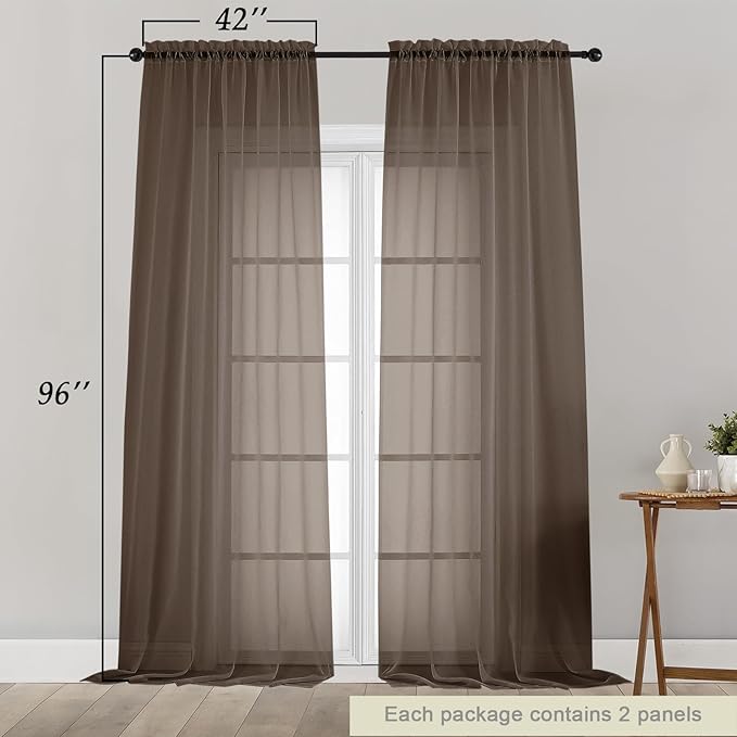 Chocolate Sheer Curtains for Bedroom Living Room 96 Inches Long 2 Panels, Modern Airy Soft Lightweight Rod Pocket Light Filtering Sheer Curtains Drapes, Chocolate, Each 42" Wx96 L Inch