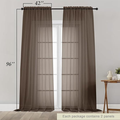 Chocolate Sheer Curtains for Bedroom Living Room 96 Inches Long 2 Panels, Modern Airy Soft Lightweight Rod Pocket Light Filtering Sheer Curtains Drapes, Chocolate, Each 42" Wx96 L Inch