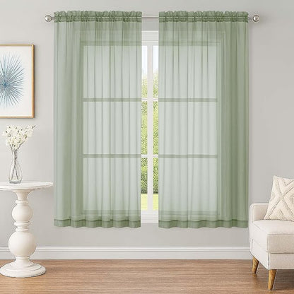 OWENIE Sheer Sage Green Curtains, Sheer Curtains 63 inch Length 2 Panels Set, Rod Pocket Voile Fimly Sheer Drapes for Living Room Bedroom, 2pcs, Sage Green, Each 59" W x 63" L