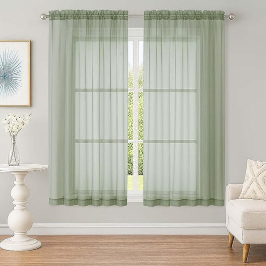 OWENIE Sheer Sage Green Curtains, Sheer Curtains 63 inch Length 2 Panels Set, Rod Pocket Voile Fimly Sheer Drapes for Living Room Bedroom, 2pcs, Sage Green, Each 59" W x 63" L