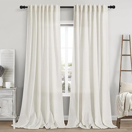 Linen Cream Curtains 107 Inch Extra Long for Living Room Back Tab Light Filtering Semi Sheer Drapes Modern Farmhouse Coastal Decor Cotton Textured Curtain for Floor to Ceiling Window 52x107