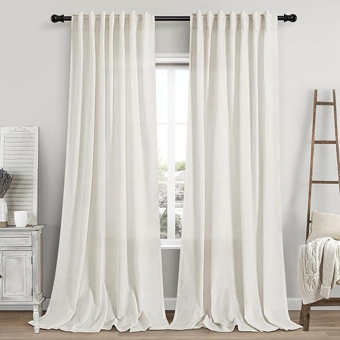 Cream Linen Curtains 112 Inches Long for Living Room Extra Long Back Tab Curtains Neutral Farmhouse Light Filtering Semi Sheer Linen Drapes Ceiling to Floor for Large Window 2 Panels Set 52x112