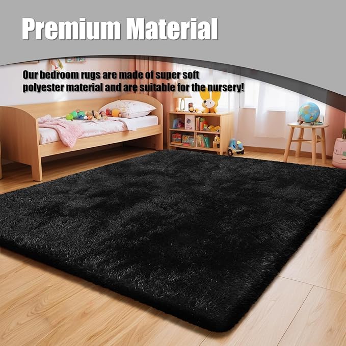 Ultra Soft Fluffy Area Rugs for Bedroom Living Room 10x12, Nursery Rug, Non-Slip Carpet for Kids Dorms Decor, Shaggy Bedside Rug, Black