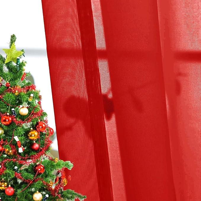 SpaceDresser Basic Rod Pocket Sheer Voile Window Curtain Panels Red 1 Pair 2 Panels 26 Width 40 Inch Long for Kitchen Bedroom Children Living Room Yard（Red，26Wx 40L）