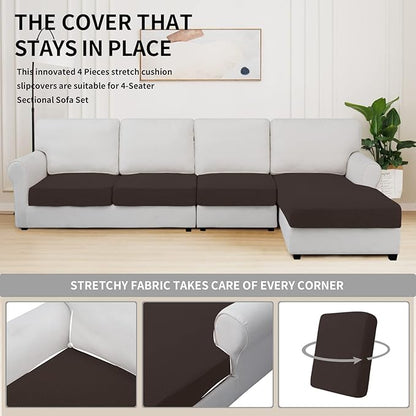 Easy-Going Stretch 4 Pieces Couch Cushion Covers for Sectional Sofa Left/Right L Shape Chaise Lounge Sofa Seat slipcover Anti-Slip Sofa Cover Soft (3 Seater + 1 Chaise, Chocolate)