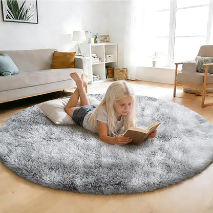 Tie-Dyed Fluffy Round Rug,Soft Area Rugs for Girls Room,Shaggy Rugs 4'X4' for Living Room,Non Slip Circle Rug for Kids Bedroom,Shag Plush Nursery Rug,Plush Carpet for Dorm,Furry Room Decor,Light Grey