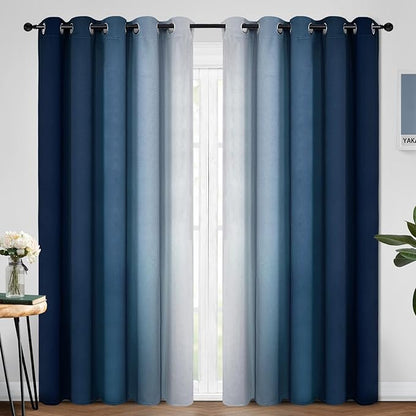 Yakamok Blue and Greyish White Ombre Curtains, Room Darkening Gradient Color Curtains for Bedroom, Light Blocking Thermal Insulated Window Drapes for Living Room(2 Panels, 70x84 Inch)