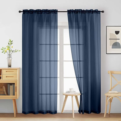Navy Blue Sheer Curtains 84 Inches Long 2 Panels, Elegant Airy Transparent Light Filtering Window Curtains, Window Drapes for Living Room Bedroom, Top Dual Rod Pocket Design, 2x42Wx84L Inches