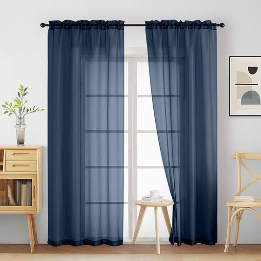 Navy Blue Sheer Curtains 84 Inches Long 2 Panels, Elegant Airy Transparent Light Filtering Window Curtains, Window Drapes for Living Room Bedroom, Top Dual Rod Pocket Design, 2x42Wx84L Inches