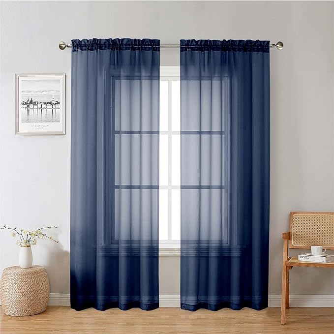 Lecloud Navy Blue Sheer Curtains 78 Inches Long 2 Panels, Light Filtering Voile Airy Curtains, Balance Light Privacy Window Treatments with Dual Rod Pocket for Bedroom Laundry Room, Each 42" W x 78" L