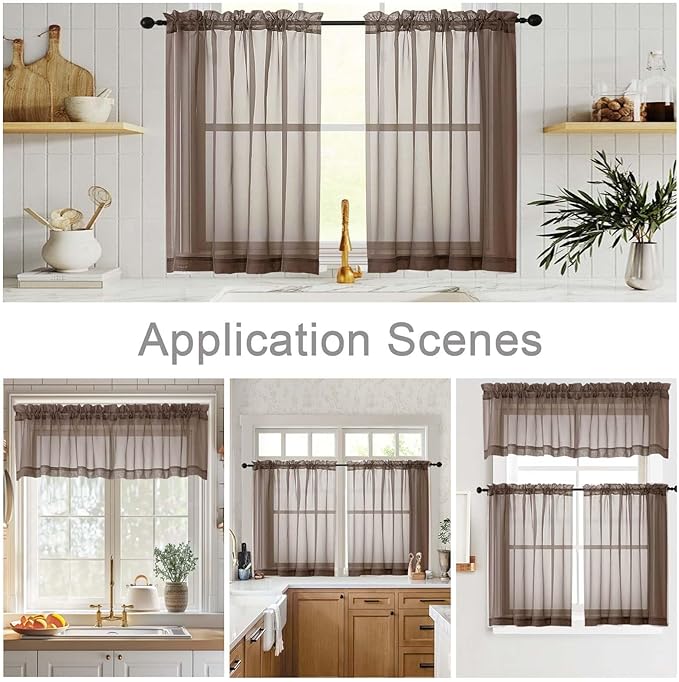 Chocolate Valances for Windows, Sheer Curtains 14 Inch Length 2 Pack Kitchen Curtain, Modern Solid Mini Small Window Curtains for Cafe Bathroom Basement, Chocolate, Each 42" Wx14 L Inches