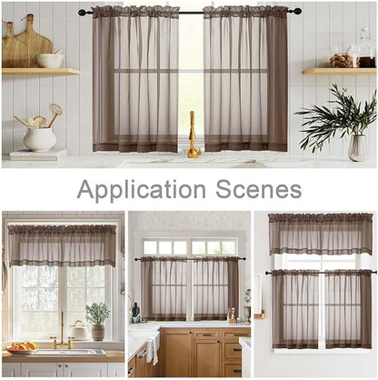 Chocolate Valances for Windows, Sheer Curtains 14 Inch Length 2 Pack Kitchen Curtain, Modern Solid Mini Small Window Curtains for Cafe Bathroom Basement, Chocolate, Each 42" Wx14 L Inches
