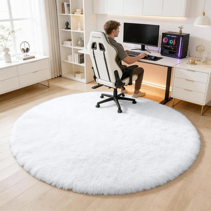 OLANLY White Round Rugs for Bedroom - Machine Washable, 6 ft Circle Area Rugs for Living Room, Soft and Fluffy Shaggy Carpet for Teen Girls and Boys, Nursery Rooms, Dorms, Home Decor Aesthetic