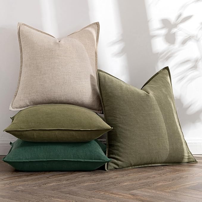 MIULEE Neutral Green Linen Pillow Covers Pack of 4 Decorative Natural Solid Throw Pillow Covers Accent Boho Farmhouse Couch Pillowcases Modern Spring Home Decor for Living Room Bed Sofa 20x20 Inch
