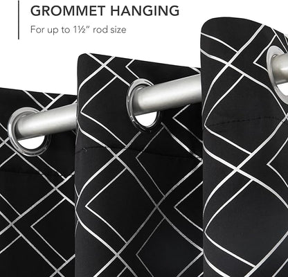 Deconovo Black Out Curtains for Bedroom Livint Room Nursery (42x72 Inch, Black/Silver, 2 Panels) Geometry Silver Patterned Room Darkening Curtains, Thermal Insulated Soundproof Drapes