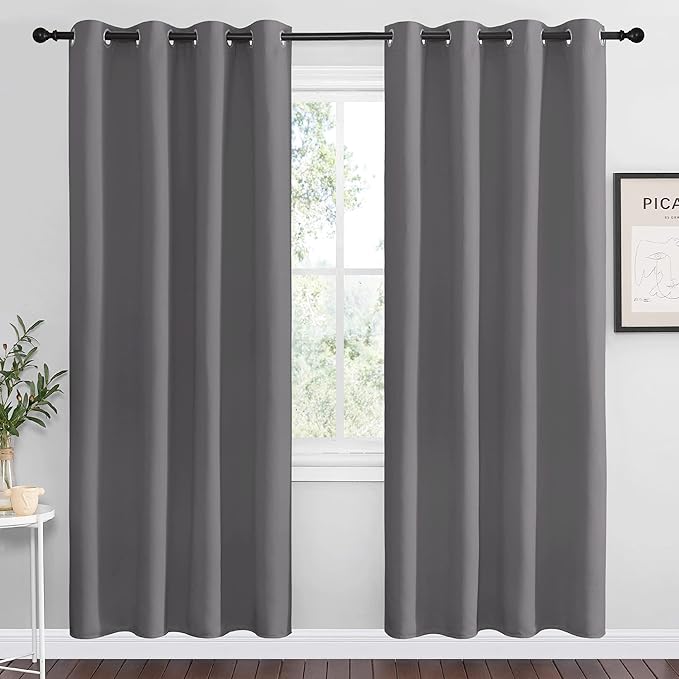 NICETOWN Blackout Curtains Panels for Bedroom, 2 Panels, 52 x 70 Inch, Gray, 3 Pass Microfiber Noise Reducing Thermal Insulated Solid Ring Top Blackout Window Drapes