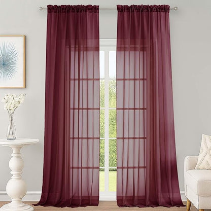 OWENIE Sheer Curtains 2 Panels Set for Bedroom Living Room, Soft Solid Rod Pocket Light Filtering Window Treatment, 2Pcs Each 59" W x 120" L, Burgundy Wine