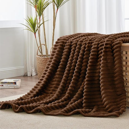 BEDELITE Twin Blanket for Couch & Bed, 300GSM Soft & Warm Fleece Blanket, Decorative and Giftable Striped Chotolate Brown Blankets for Women, Men, 60"x80"