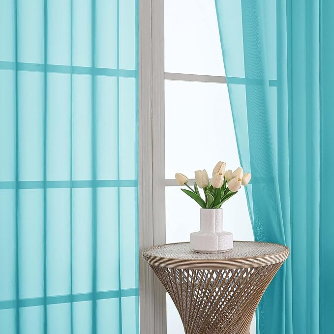 OVZME Turquoise Sheer Curtains 63 Inches Long 2 Panels Set, Light Filtering Sheer Curtains for Living Room Bedroom 59 Inch Extra Wide, Modern Voile Filmy Rod Pocket Window Drapes, 59Wx63L Inches