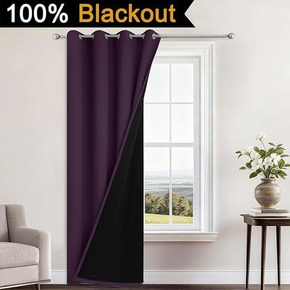 Yakamok 100% Blackout Curtains 96 Inches Long, 2 Thick Layers Heat and Full Light Blocking Soft Thermal Insulated Drapes for Bedroom(52" Wide Each Panel, Purple, 1 Panel)
