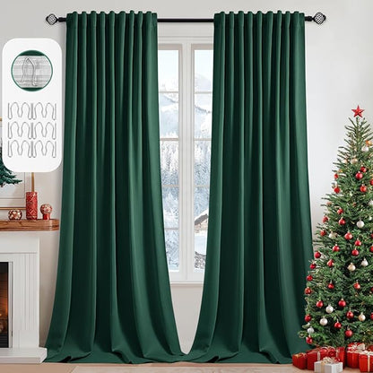 MIULEE Christmas Hunter Green Back Tab Blackout Curtains 102 Inch Long 2 Panels Set for Living Room Bedroom, Rod Pocket/Pinch Pleated Thermal Insulated Room Darkening Floor to Ceiling Window Drapes