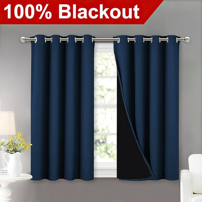 NICETOWN 100% Blackout Curtains with Black Liners, Thermal Insulated Full Blackout 2-Layer Lined Curtains, Energy Efficiency Window Draperies for Dining Room (Moroccan Blue, 2 Panels, 52" W by 45" L)