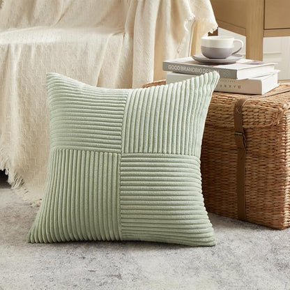 Fancy Homi 2 Packs Sage Green Euro Decorative Throw Pillow Covers 28x28 Inch for Bedroom Couch Bed, Farmhouse Boho Home Decor, Soft Corss Corduroy Patchwork Textured Square Cushion Case 71x71 cm