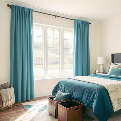 100% Blackout Shield Linen Blackout Curtains for Bedroom 96 Inches Long, Back Tab/Rod Pocket Living Room Drapes, Thermal Insulated Blackout Curtains 2 Panels Set, 50" W x 96" L, Dark Cyan