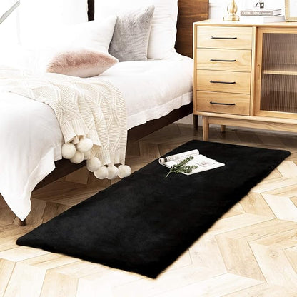 Ashler Faux Fur Rug, Ultra Soft Faux Rabbit Fur, Black Area Rugs, 2.2 x 6 Feet Rectangle, Machine Washable Nursery Decor Throw Rugs for Bedroom, Kids Room, Living Room