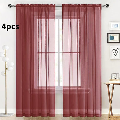 SpaceDresser Burgundy Sheer Curtains 4 Panels Rod Pocket Semi-Sheer Curtain 96 Inches Long Light Filtering Voile Window Drapes for Bedroom Living Room Kitchen, Each 52W x 96L
