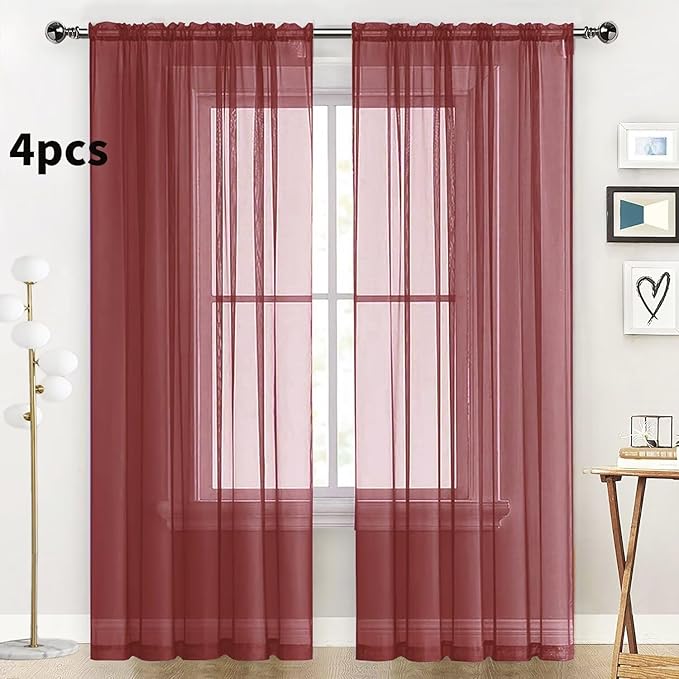 SpaceDresser Burgundy Sheer Curtains 4 Panels Rod Pocket Semi-Sheer Curtain 63 Inches Long Light Filtering Voile Window Drapes for Bedroom Living Room Kitchen, Each 52W x 63L