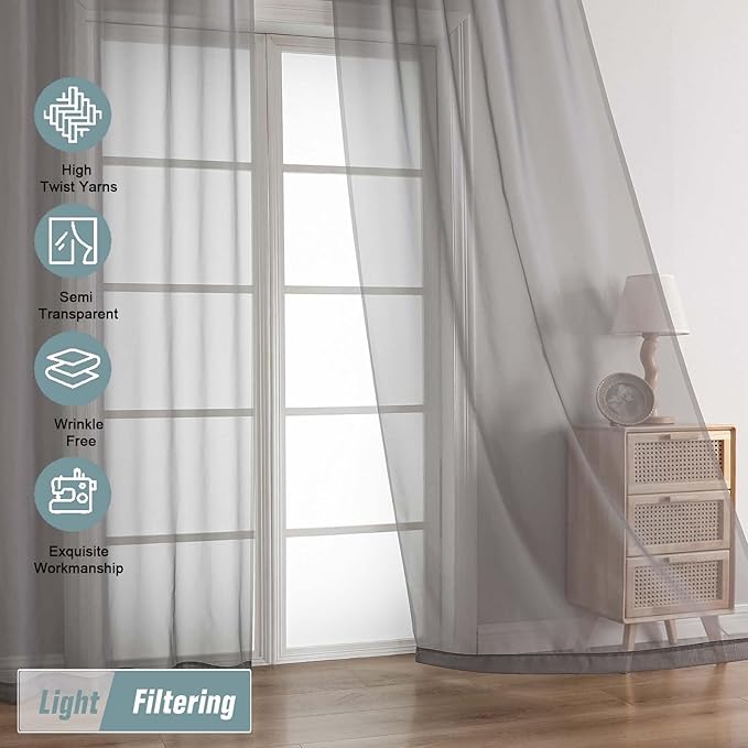 Grey Sheer Curtains for Window 72 inches Long 2 Panels Set, Soft Airy Modern Light Filtering Sheer Curtains for Living Room Bedroom, Dual Rod Pocket Solid Window Drapes, 2x42Wx72L inches