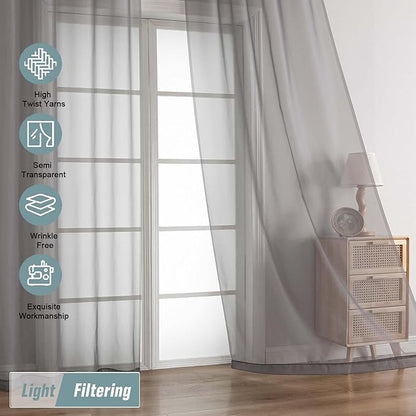 Grey Sheer Curtains for Window 72 inches Long 2 Panels Set, Soft Airy Modern Light Filtering Sheer Curtains for Living Room Bedroom, Dual Rod Pocket Solid Window Drapes, 2x42Wx72L inches
