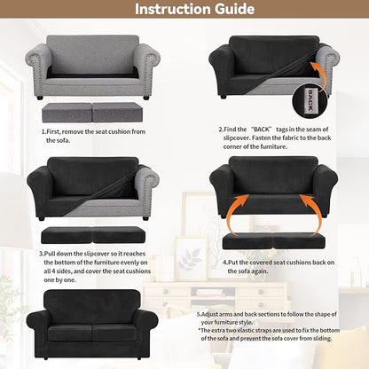 WEERRW Velvet Couch Covers for 2 Cushion Couch Sofa - High Stretch Luxury Velvet Plush 3 Pieces Sofa Slipcovers with Elastic Bottom, Furniture Protector for Pets, Machine Washable, Black, Medium