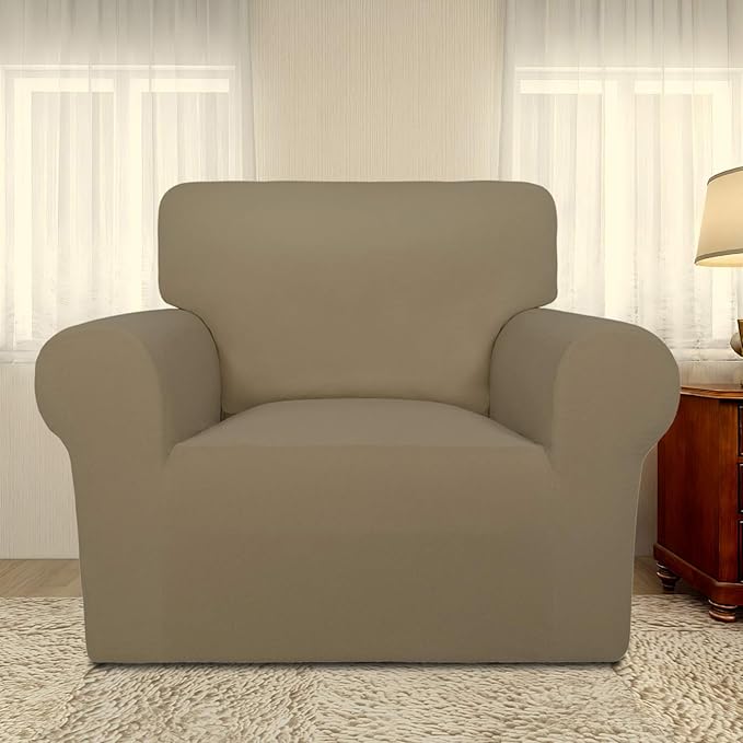 PureFit Super Stretch Chair Sofa Slipcover – Spandex Non Slip Soft Couch Sofa Cover, Washable Furniture Protector with Non Skid Foam and Elastic Bottom for Kids, Pets （Chair, Tan）