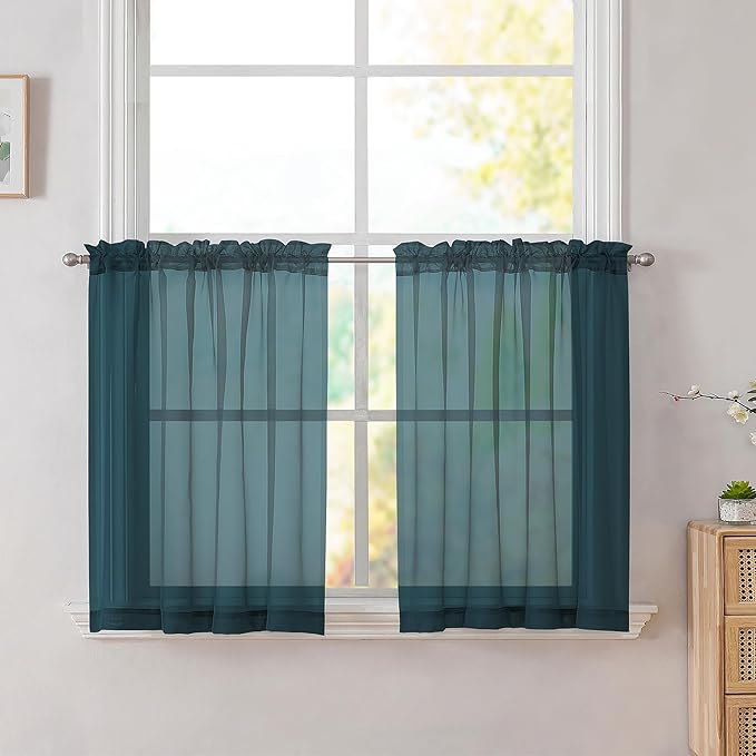 Simplebrand Dusty Blue Tier Curtains for Kitchen 24 Inches Long 2 Panel Set, Rod Pocket Cafe Curtain Light Filtering Sheer Short Curtains for Bathroom/Basement Half Window 42 x 24 Inch, 2Pcs