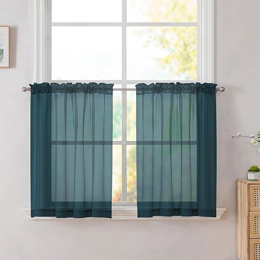 Simplebrand Dusty Blue Tier Curtains for Kitchen 24 Inches Long 2 Panel Set, Rod Pocket Cafe Curtain Light Filtering Sheer Short Curtains for Bathroom/Basement Half Window 42 x 24 Inch, 2Pcs