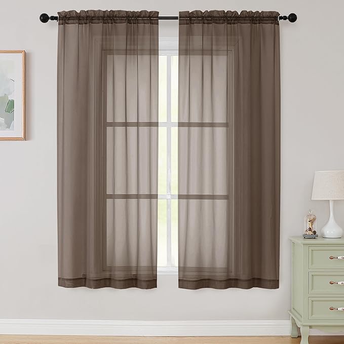 Sheer Chocolate Curtains for Bedroom Living Room 63 Inch Length 2 Panels, Airy Soft Light Filtering Sheer Dining Room Curtains, Modern Rod Pocket Drapes, Chocolate, Each 42" Wx63 L Inches