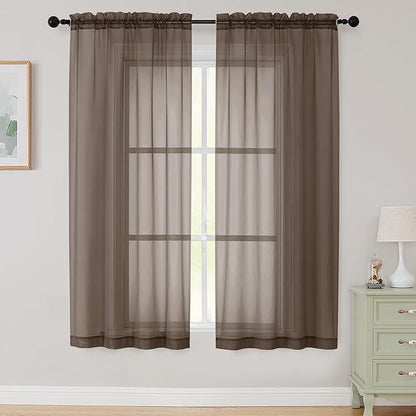 Sheer Chocolate Curtains for Bedroom Living Room 63 Inch Length 2 Panels, Airy Soft Light Filtering Sheer Dining Room Curtains, Modern Rod Pocket Drapes, Chocolate, Each 42" Wx63 L Inches
