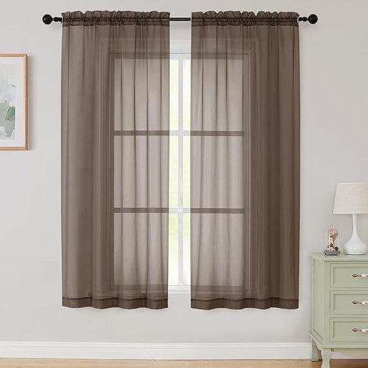 Sheer Chocolate Curtains for Bedroom Living Room 63 Inch Length 2 Panels, Airy Soft Light Filtering Sheer Dining Room Curtains, Modern Rod Pocket Drapes, Chocolate, Each 42" Wx63 L Inches