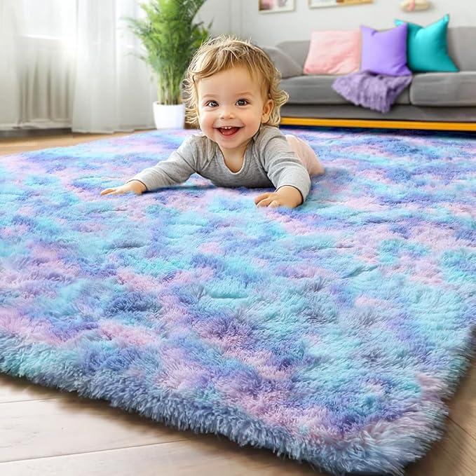 ONASAR Fluffy Area Rugs for Girls Bedroom, 4x6 Purple Rainbow Bedside Rug, Indoor Cute Ultra Soft Plush Shag Floor Carpets for Nursery Kids Teen Girl Dorm Princess Room Playroom Home Decor