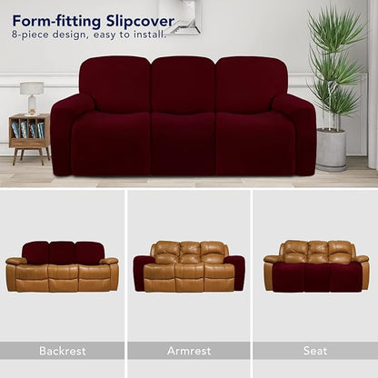 PureFit Super Stretch 3 Seats Recliner Chair Sofa Couch Cover with Pocket – Non Slip Soft Sofa Slipcover, Washable Spandex Reclining Furniture Protector for Kids, Pets (Recliner Sofa, Wine)
