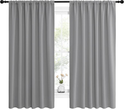 NICETOWN Short Curtains for Wide Window - Thermal Insulated Rod Pocket Blackout Drapes/Draperies for Dining Room (2 Panels, W62 x L63 inches, Silver Grey)