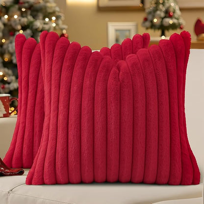 decorUhome Cozy Faux Fur Throw Pillow Covers 26x26 Set of 2 Decorative Soft Plush Striped Modern Farmhouse Boho Couch Euro Sham Pillow Cases with Velvet Back for Sofa Bed Living Room, Red