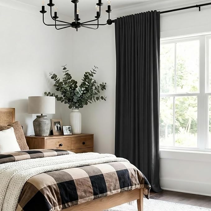 100% Blackout Shield Linen Blackout Curtains for Bedroom 90 Inches Long, Back Tab/Rod Pocket Living Room Drapes, Thermal Insulated Blackout Curtains 1 Panel Set, 100" W x 90" L, Black