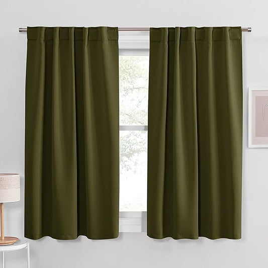 PONY DANCE Blackout Kitchen Curtains - Window Drapes Rod Pocket & Back Tab Energy Efficient Curtain Panels Xmas Home Decor for Kids' Room, 42-inch Wide by 45 Long, Olive Green, 2 PCs