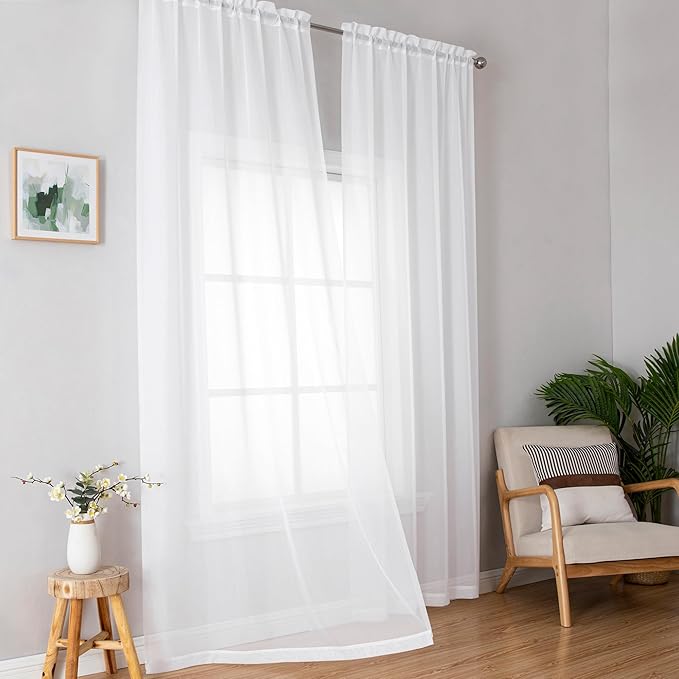Simplebrand White Sheer Curtains, 84" Length, 2 Panels Set - Light Filtering, Rod Pocket Window Curtains for Bedroom (White, 42" W x 84" L)
